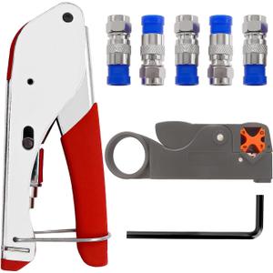 mxuteuk RG59 RG6 Coax Cable Crimper Tool Coaxial Compression Tool Fitting Wire Stripper With 5PCS F Type RG6 Compression Connectors