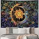 Sun and Moon Tapestry Psychedelic Mystic Floral Tapestry Hippie Boho Flower Plants Wall Tapestries Vintage Aesthetic Tapestries Wall Hanging for Bedroom (78.7"L x 59.1"W)