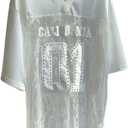 MakeMeChic Lace Jersey Shirts for Women V Neck Letter Graphic Tee Oversized Sheer Tops (White, XS)