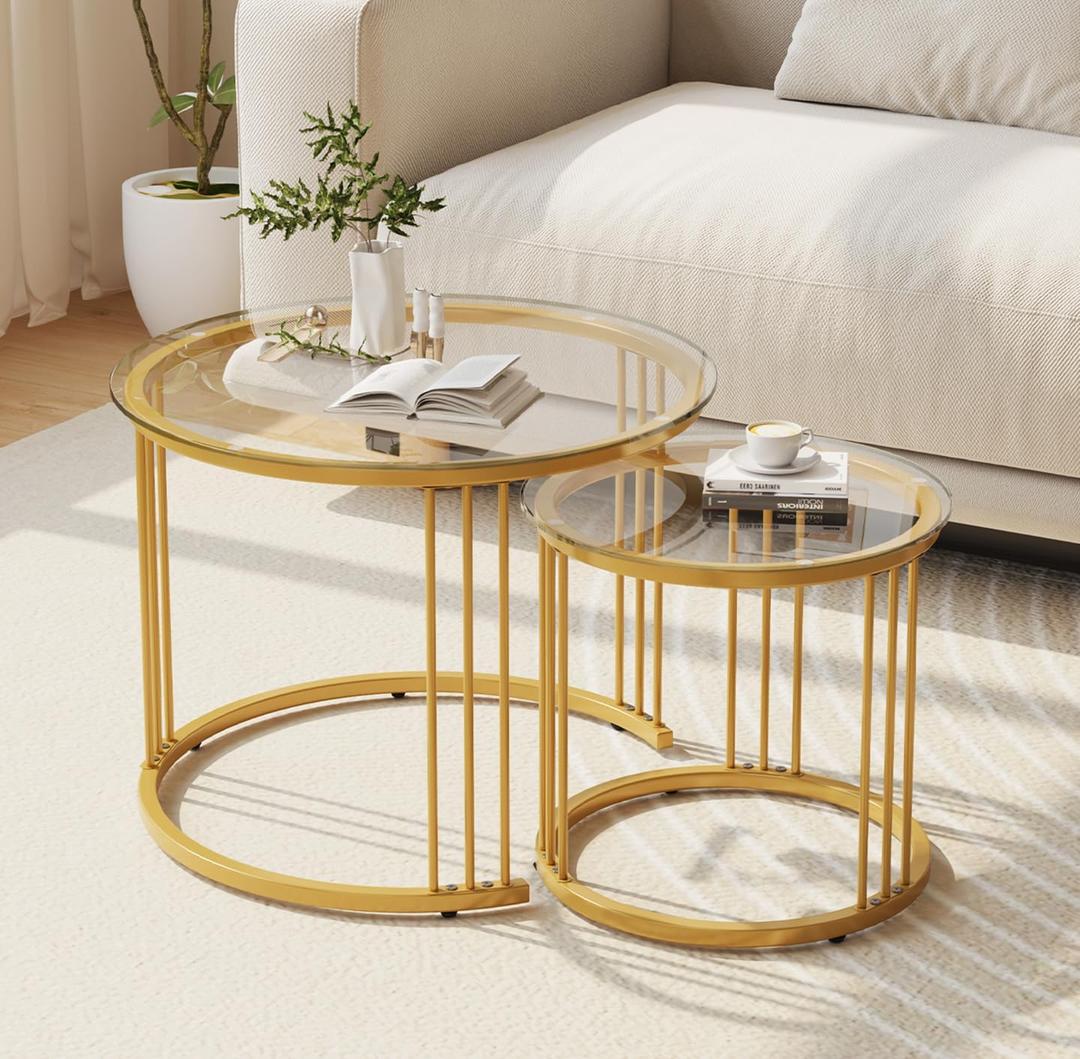 Garden 4 you Nesting Coffee Table, 23.6" Round Coffee Table Set of 2, Glass Nesting Table with Metal Frame, Ceter Tables for Living Room Bedroom Balcony, Gold, 23.6 inches x 23.6 inches x 19.7 inches