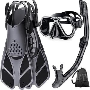 Zenoplige Mask Fins Snorkel Set, Snorkeling Gear for Adults, Panoramic View Snorkel Mask Anti-Fog, Adjustable Dive Flippers, Dry Top Snorkel and Travel Bag, Scuba Gear for Swimming Snorkeling Diving size SM