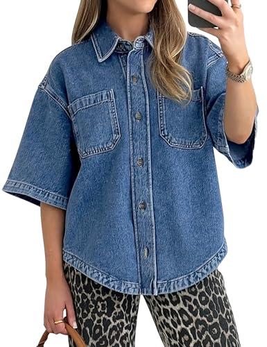 POTILI Women's Denim Shirt, Button Down Short Sleeve Jean Shirts Casual Top Outfits Trendy Blue Medium 