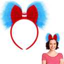 Canlierr Halloween Blue and Red Bow Headband Large Furry Hair Bow Headband Fuzzy Pom Hairband for Women Holiday Party
