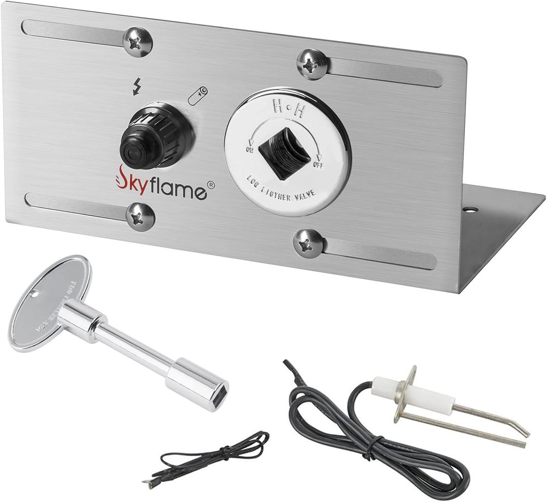 Skyflame Stainless Steel Extensive Fire Pit Gas Burner Spark Ignition Kit - Including Push Button Igniter, 1/2 Straight Gas Key Valve with Key (Silver)