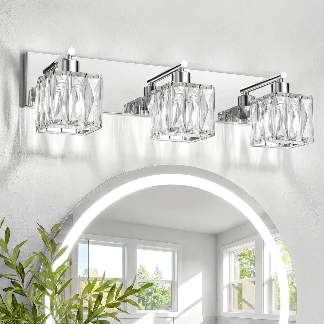 VOLISUN Chrome Bathroom Light Fixtures, Modern Stainless Steel Bathroom Lighting Fixtures Over Mirror, 3 Light Bathrooms Vanity Light, Crystal Vanity Light for Bathrooms-UL Certificated(Exclude Bulb)
