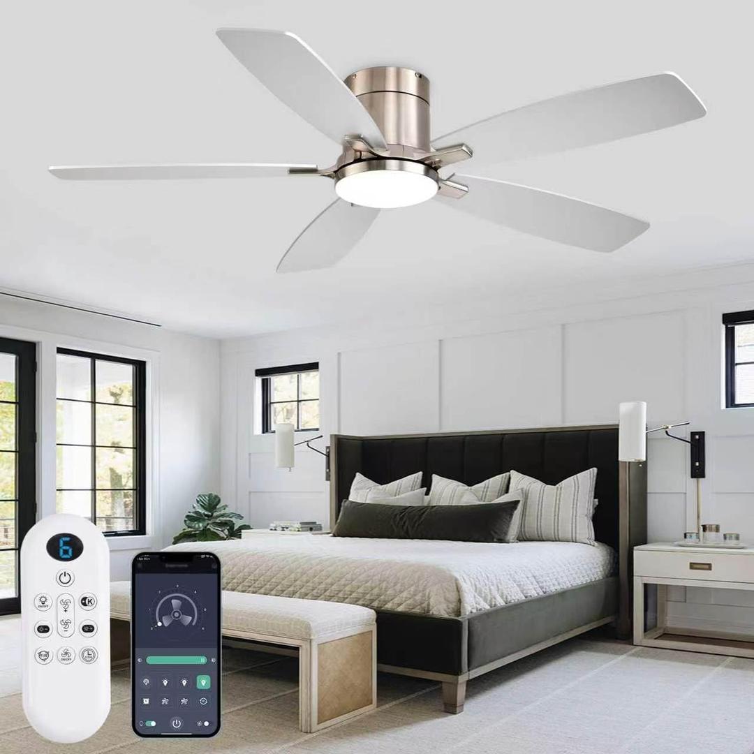 FUMLTP 52 inch Ceiling Fans with Lights, Flush Mount Ceiling Fan with Light and Remote/APP Control, DC Motor, Dimmable LED, Noiseless, Low Profile Ceiling Fan for Bedroom Indoor/Outdoor Use (Nickel)