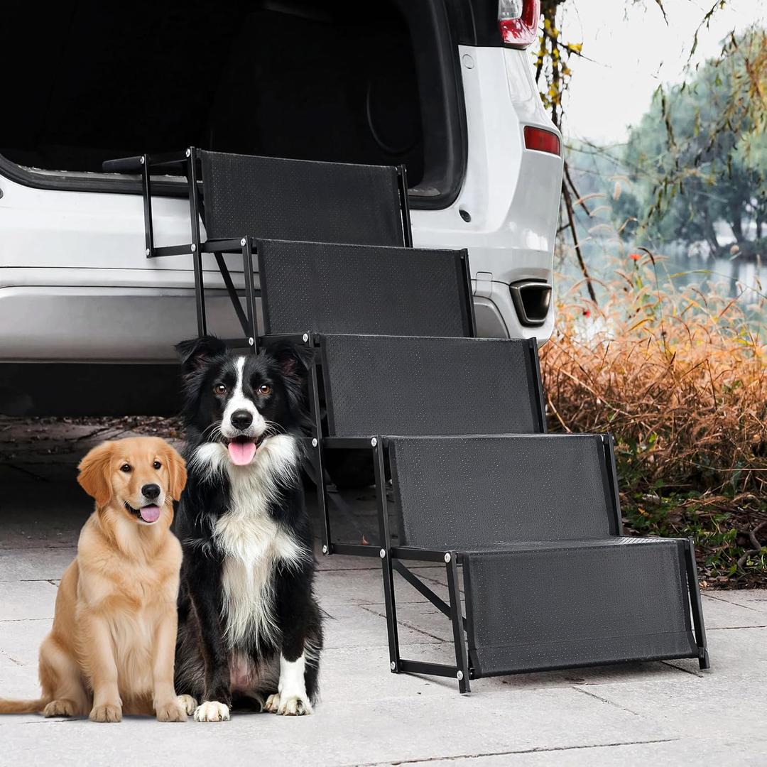 Dog Ramp, 5-Step Dog ramps for Large Dogs with Non-Slip Surface, Portable Aluminum Dog Steps Supports up to 250 lbs,17.3" Wide Foldable Dog ramp for car, SUV, and Truck