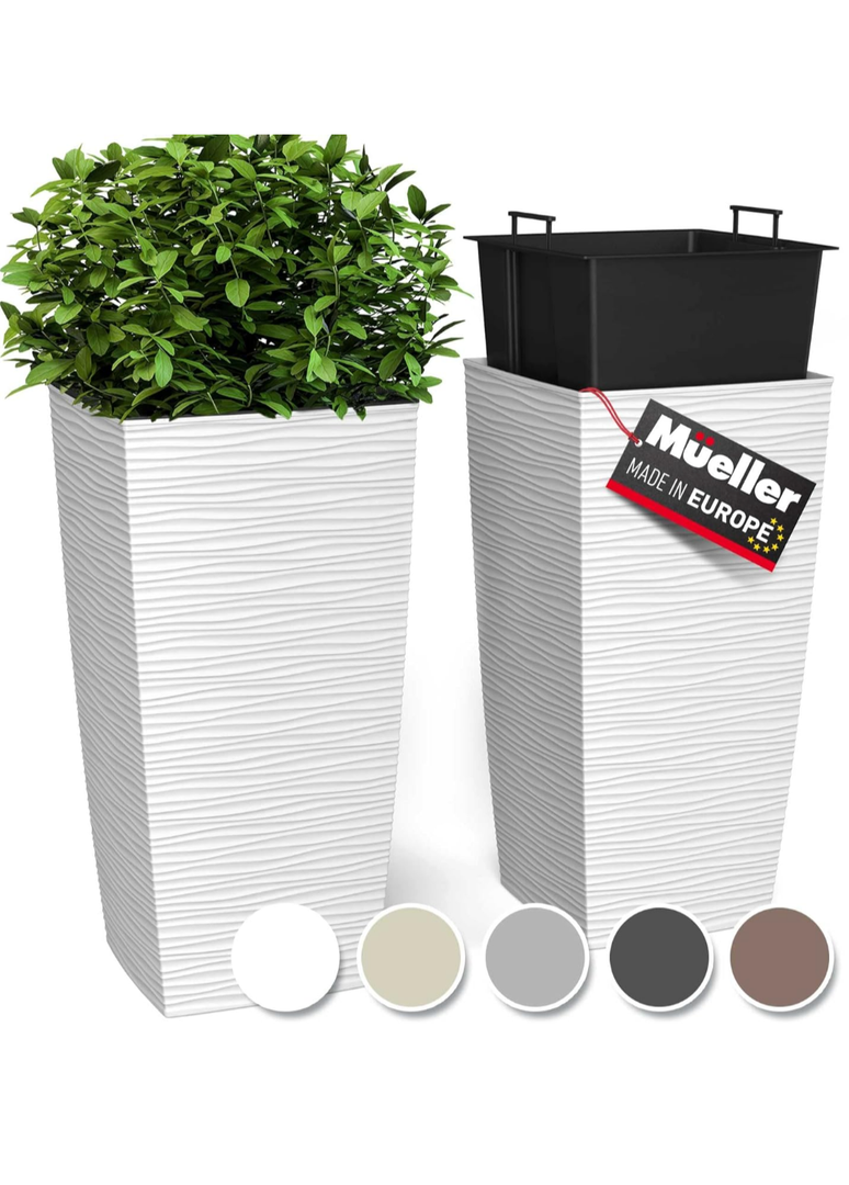 Mueller M-Resin Heavy Duty Tall Planters for Outdoor Plants, Indoor Grande Plant Pots, Boxes, Trees, Flower Pots, 2-Piece Set, 18”, Modern Design, Built-in Drainage, Front Porch Decor, White