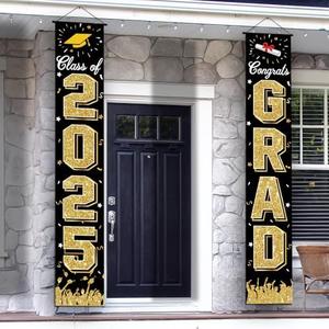 Graduation Decorations 2025, Graduation Banner Class of 2025, Hanging Congratulations/Congrats Grad Banner for Door and Porch, Party Decor - Black