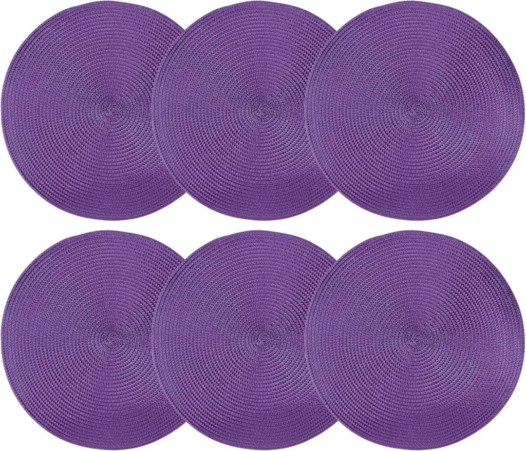 Purple Braided Placemats Set of 6, Round 14 Inches Boho Table Mats for Dining Tables Woven Fabric Anti-Slip 