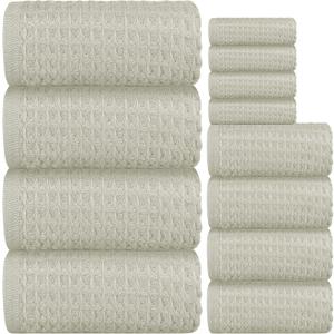 12 Piece Light Brown Waffle Bath Towel Set, 100% Cotton