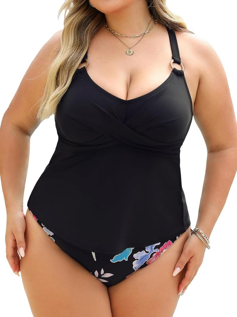 CUPSHE Women Tankini Sets Plus Size Two Piece Swimsuit V Neck Mid Rise Crisscross Back Tie O Ring (XX-Large Plus)