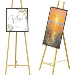 46" H Metal Square Tube Scroll Display Easel, Vintage Gold Decorative Large Adjustable Floor Standing Easel with Chain Support, Perfect for Showcasing Pictures, Artwork, Picture Frame Wedding Sign Etc
