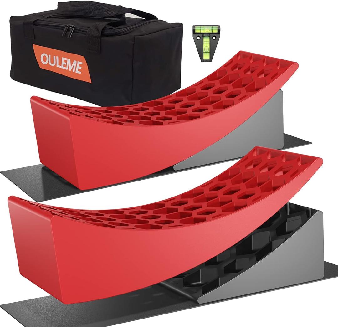 RV Leveling Blocks, Camper Trailer Leveler, 2 Packs for Travel Trailer Motorhome, Include 2 Curved Leveler Ramp, 2 Chock, 2 Rubber Mat, 1 T Bubble Level, 1 Carry Bag (L (15.7*6*4.3 inches))