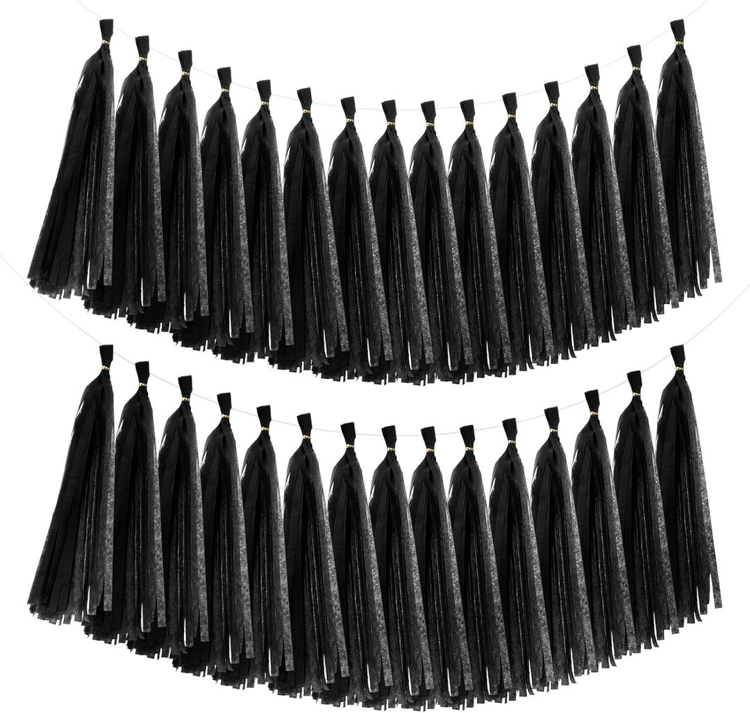 MECCANIXITY 40Pcs Tassel Garland Banner Tissue Paper for Streamers Party Decorations, Valentine's Day Birthday Decor for Women with Rope and Tie Wire (Black, 14.6Inch)