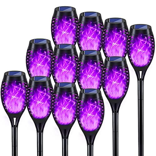 KYEKIO Halloween Decorations Outdoor, 12Pack Purple Solar Halloween Lights, Solar Torch Lights with Flickering Flame for Garden Decor, Waterproof Outdoor Lighting, Scary Torches for Yard Lawn Pathway