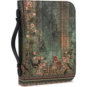 Bible Cover Case for Women PU Leather Woman Book Carrying Bag Bible, Protective Bible Organizer Holder Bag with Handle and Zippered Pocket, Christian Gift for Lady Girls (Boho Floral, XXL)