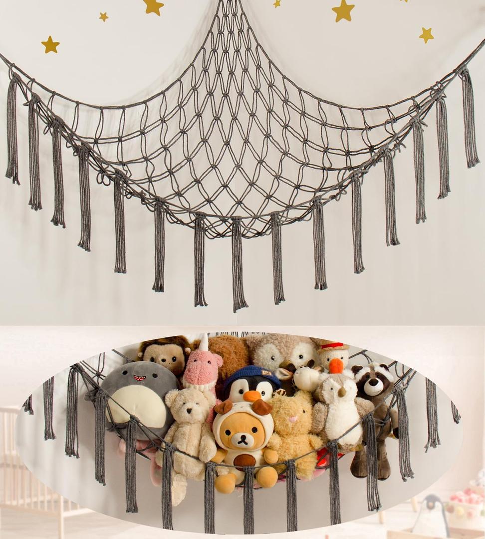 Stuffed Animal Storage Hammock Net - Toy Hammock Net for Stuffed Animals Corner - Hanging Stuff Animal Organizer Holder Large Size Baby Nursery Room Decor-Grey