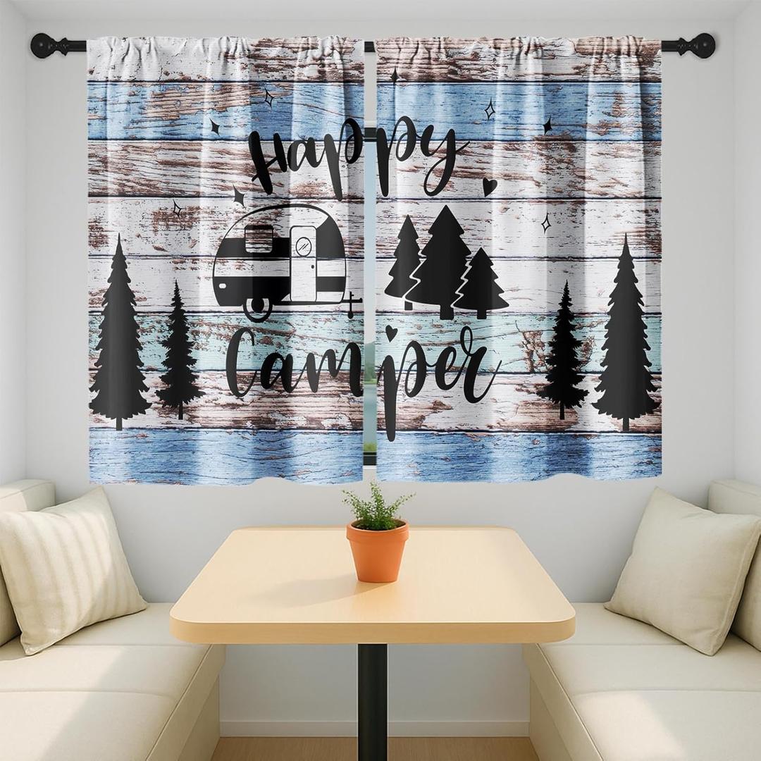 Emvency Camper RV Kitchen Curtains Farmhouse Wooden Camping Travel Window Short Tier Curtains Over Sink, Vintage Farmhouse Decor Rod Pocket Window Drapes Set of 2 (26x36 Inch)