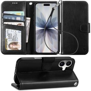 Arae Compatible with iPhone 17 Case Wallet with Card Holder, Wristlet Strap Wallet Flip Cover for iPhone 17 6.3 inch Men/Women, RFID Blocking, Kickstand, Black