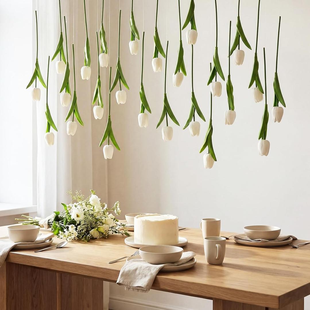 12 Pack 6 ft Artificial Tulips Hanging Flower Garland Decorations Spring Tulip from Ceiling Dangling Valentines Faux Floral Vine Strings with Hook for Wall Ceiling Wedding Party (White)