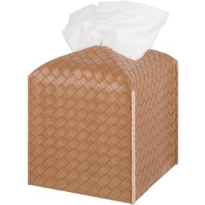 Tissue Box Cover PU Leather Tissue Holder Square Facial Tissue Case Facial Paper Organizer Dispenser for Bathroom, Vanity Countertop, Tabletop, Car, Brown