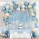 Blue Birthday Decorations for Women with Dusty Light Blue Confetti Sand White Foil Balloons Fringe Curtain Happy Birthday Banner for Birthday Party Decorations