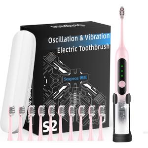 Seapeoa Adult Sonic Electric Toothbrush with 10 Brush Heads, Travel Case, and Wall Bracket, Suitable for Both Adults and Kids, IPX8 Waterproof, USB Charging, 42000VPM, Pink