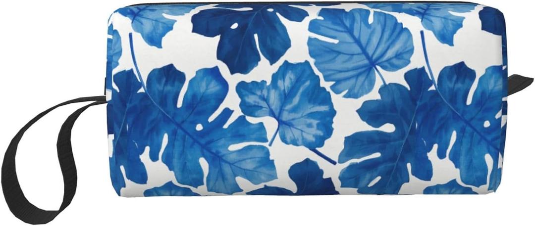 Blue Tropical Leaf Makeup Bag Small Durable Travel Monstera Cosmetic Bag Organizer Oxford Fabric Multi-Purpose Storage Perfect for Travel, Gym, Daily Use