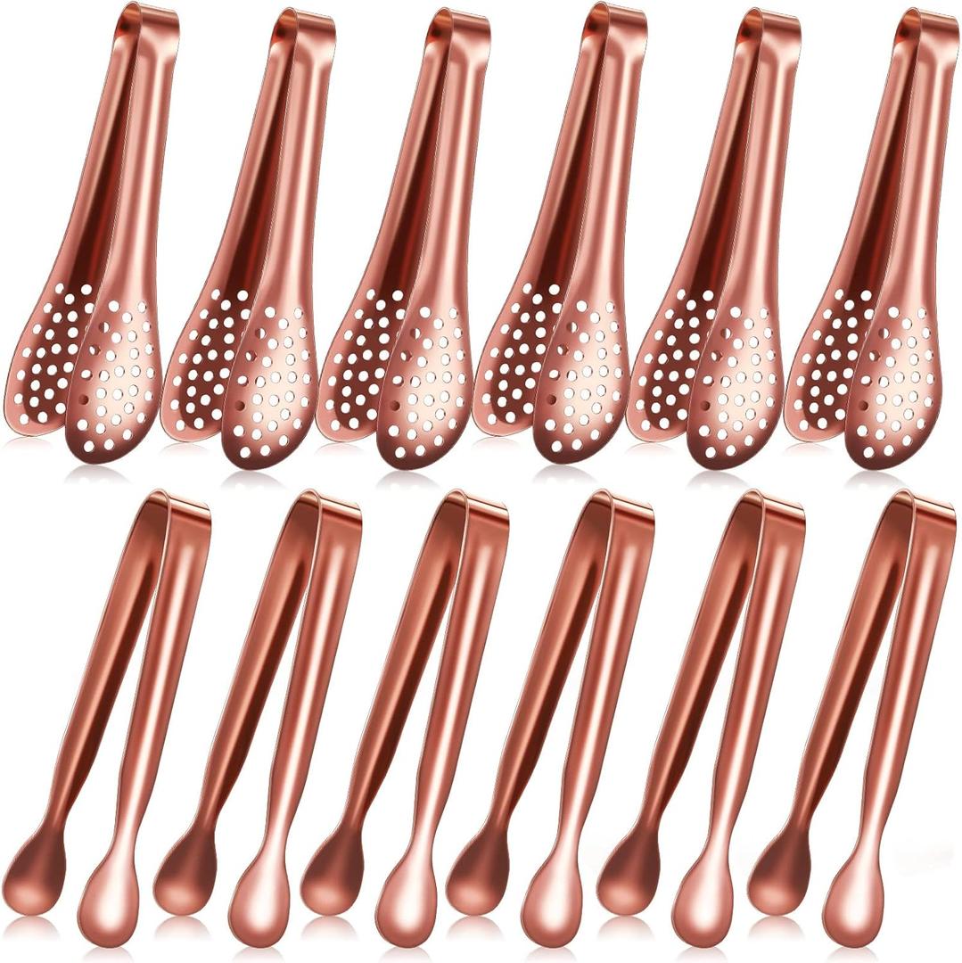 Vesici 12 Pieces Mini Serving Tongs 5 Inch Small Tongs Serving Utensils, Ice Pincers Mini Sugar Pincers, Small Pliers for Appetizers, Tea Party, Coffee Bar, Desserts(Rose Gold)