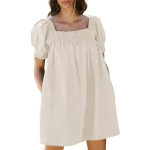 Huaqiao Womens Summer Linen Mini Dress Sundress 2025 A-Line Beach Casual Loose Dress with Pockets S