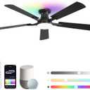 ZMISHIBO 52 Inch Smart Ceiling Fans with RGB Lights, Low Profile Flush Mount Ceiling Fan with Alexa/App/Remote Control, Dimmable 20W LED Light, Black Modern Fan for Living Room, Bedroom, Game Room