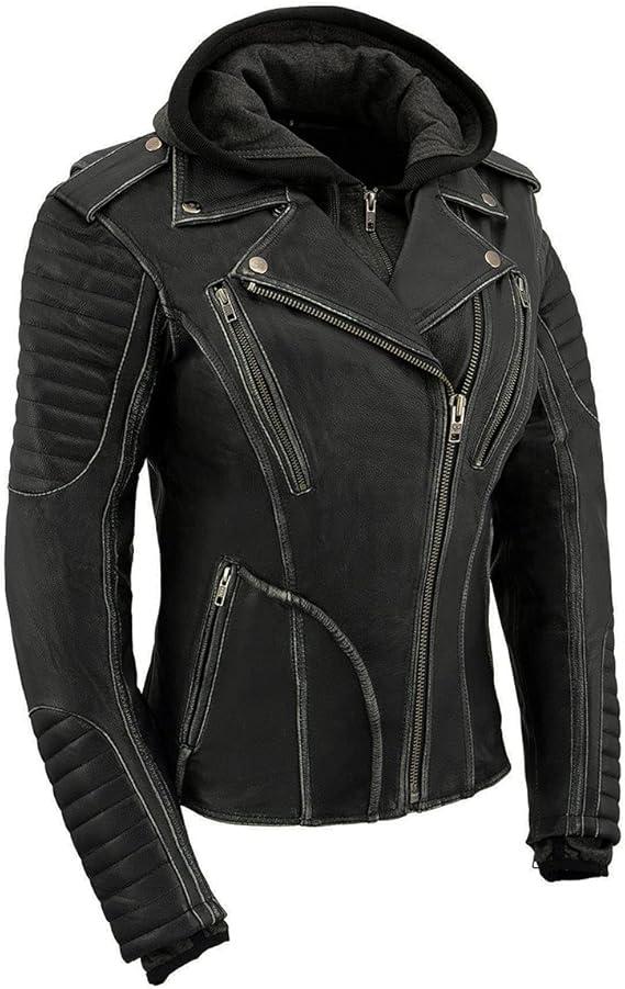 Milwaukee Leather MLL2516 Black Leather Rub-Off Leather Jacket with Hoodie for Women, XXL, Black