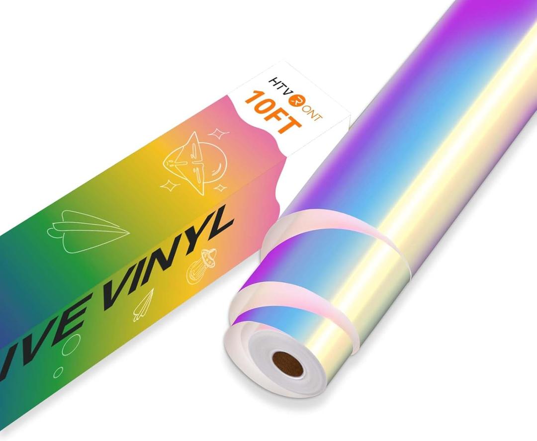 HTVRONT Holographic White Permanent Vinyl - 12" x 10 FT Adhesive Roll Compatible with Cricut Cutting Machine, Silhouette, Cameo Cutters, Signs, Scrapbooking, Craft, Die Cutters