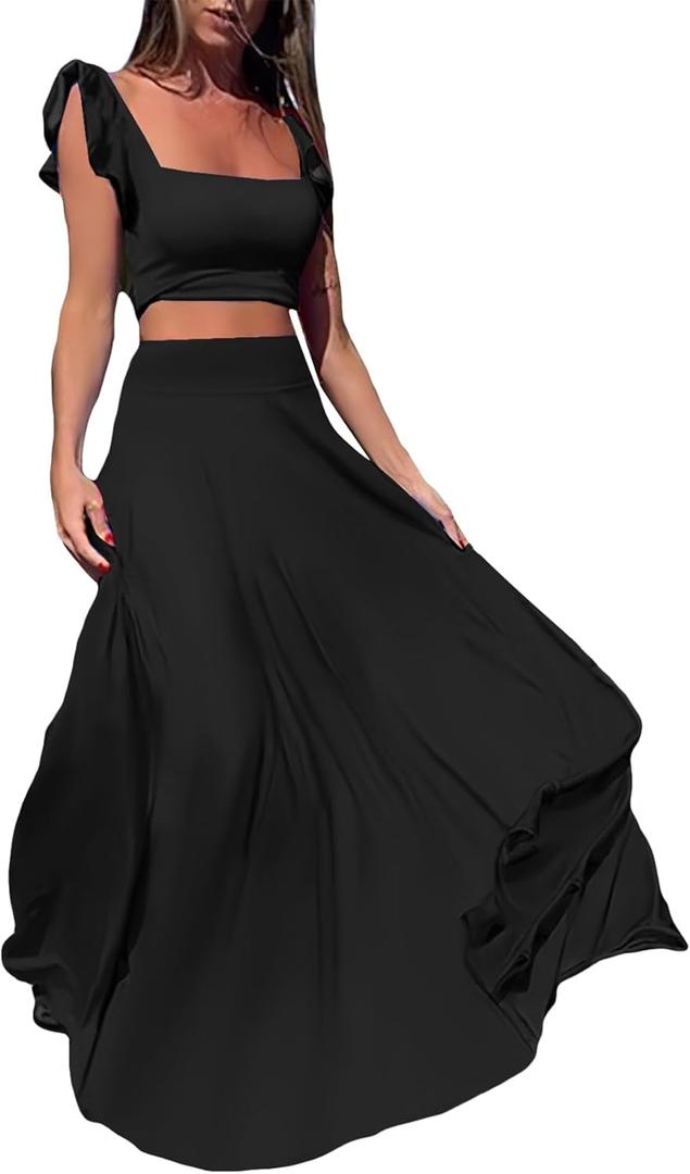 Vakkest Womens Summer Sexy 2 Pieces Outfits Ruffle Floral Tank Top Wrap Boho Tropical Long Skirt Set Clubwear Dresses (Medium, Solid Black)