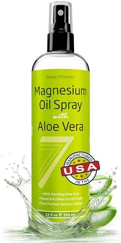 Seven Minerals Pure Magnesium Oil Spray with Aloe Vera 12oz - Pharmaceutical (USP) Grade, Highest Strength with Instant Relief for Feet, Sleep, Muscle Pain & Cramps - Mined in The USA