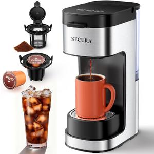 Secura Single Serve Coffee Maker K Cup and Ground 2-In-1 Coffee Maker with 3 Brew Modes, Removable Reservoir & Drip Tray, 6 to 12 Oz Brew Sizes