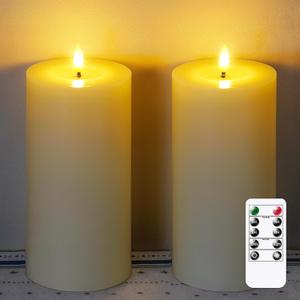 Flameless Real Wax 4" x8" Ivory Timer Remote Pillar Candle Grease Design, Battery Operated Long Lasting 3D Wick LED Flickering Pack of 2 Fake Candles Warm Light