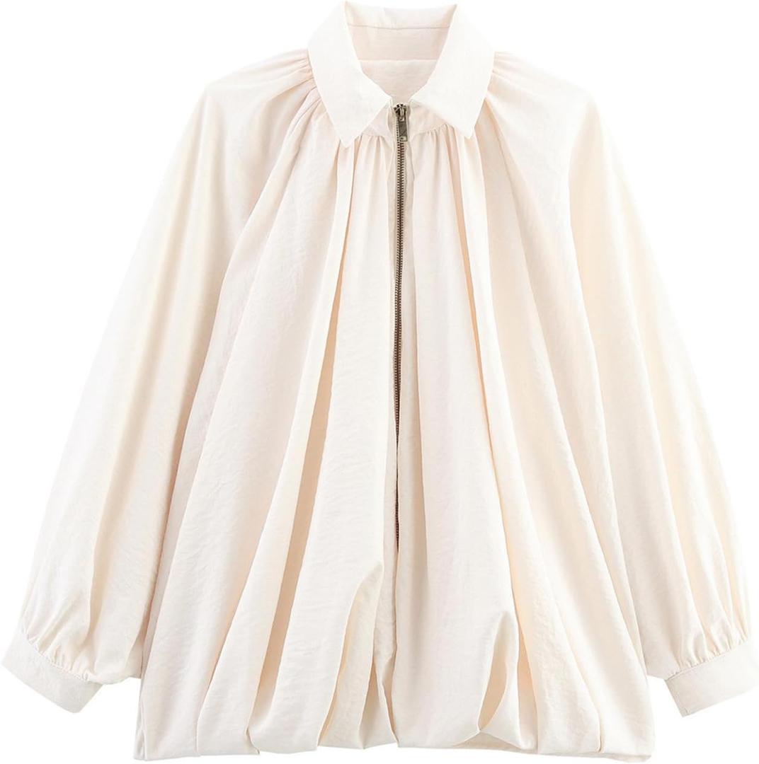 Kissonic Women's Puffed Bomber Jacket Lapel Collar Batwing Sleeve Zip Front Oversized Pleated Shirts Streetwear (Beige-L)