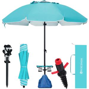 HOMEDEMO 8FT Large Beach Umbrella with Weight Bag & Sand Anchor, Outdoor Umbrellas with Adjustable Aluminum Pole and Table, Heavy Duty Windproof & UPF 50+ (Trkiye Blue)