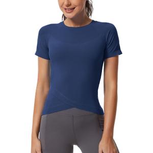 MathCat Workout Shirts for Women, Workout Tops for Women Short Sleeve, Cross Hem Compression Shirts (Small, Navy)