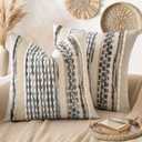 ANRODUO Pack of 1 Boho Decorative Throw Pillow Covers 18x18 Farmhouse Cushion Case Striped Chenille Pillow Cases Square Pillow Covers Accent Neutral Pillowcase for Sofa Couch Bed, Gray Blue Stripe
