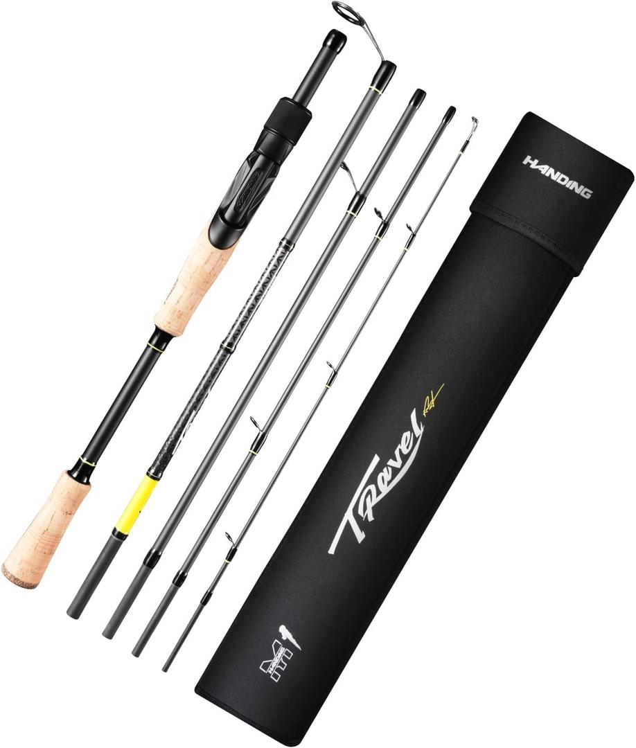 HANDING M1 Travel Fishing Rod, 5/6-Piece Travel Spinning Rod & Baitcaster Rod for Largemouth Smallmouth Walleye Pickerel Pike Redfish Striped Bass with Cork Handle Seaguide RA Guides 30+24T Carbon