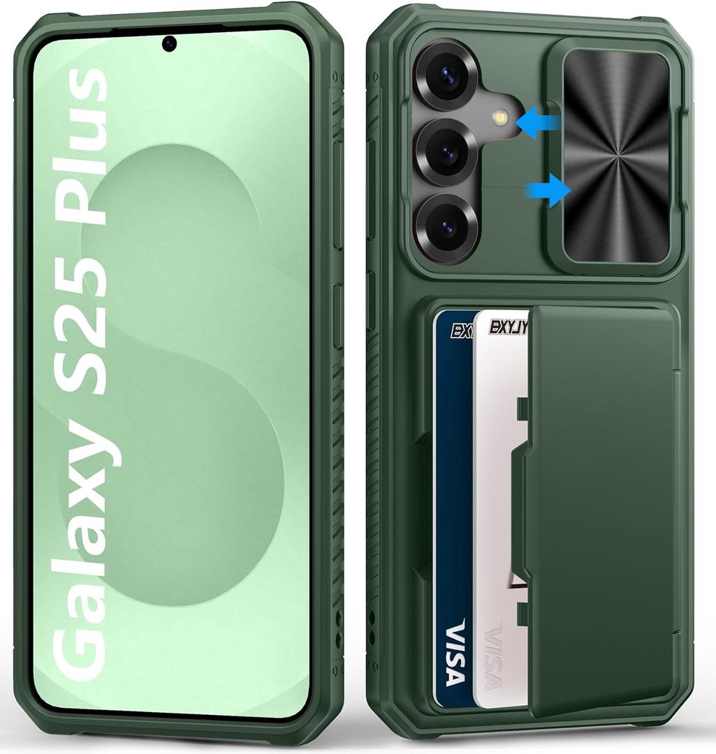 BXYJY Multifuncional Case for Samsung Galaxy S25+ Plus, Card Holder (4-5 Cards), RFID Block, Slide Lens Cover & Military Drop Protection, Heavy Duty Men Women Wallet Case for Samsung S25+ Plus, Green