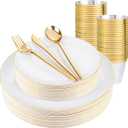 bUCLA 150PCS White and Gold Plastic Plates Disposable - 25 Guests Gold Dinnerware Set - Include 25 Each (Dinner & Dessert) Plates, 25 Knives, 25 Forks, 25 Spoons & 25 Cups for Party