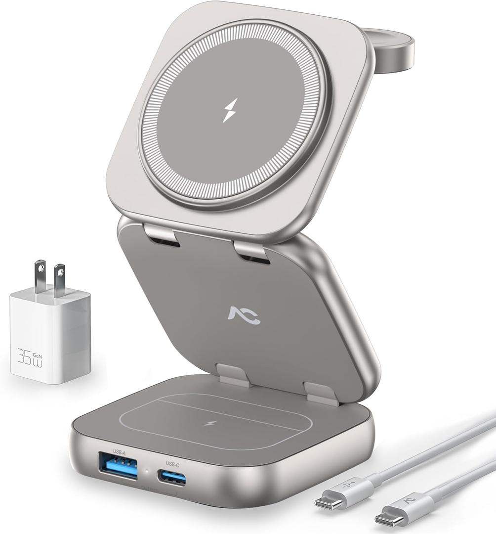 Wireless Charger for MagSafe, 5-in-1 Evolved Charging Stand, 15W Max Fast Portable Magnetic Station, Titanium Aluminum Foldable for iPhone 16/15/14/13 Series, Apple Watch, AirPods (with 35W Adapter)