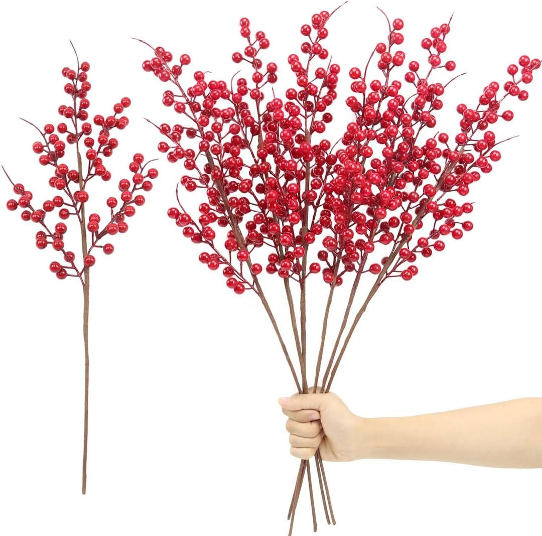 6 Pack Artificial Red Berry Stems 25.2 Inch, Long Christmas Red Berries Faux Red Berry Picks for Christmas Tree, Red Holly Berry Branches for Christmas Floral Arrangements Vase Decorations