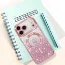 Bonoma Compatible with iPhone 17 Pro Max Case 2025 Support for MagSafe, Plating Heart Glitter Magnetic Checkered Case TPU Camera Protection Back Cover for Girls Women -Pink