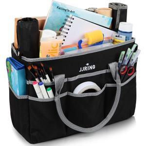 JJRING Large Multi-Functional Carrying Bag, 600D Nylon Artist Tote Bag with 16 Pockets Caddy for Art, Craft, Sewing, Make-up or School, Medical, Office Supplies Organizer, Silver