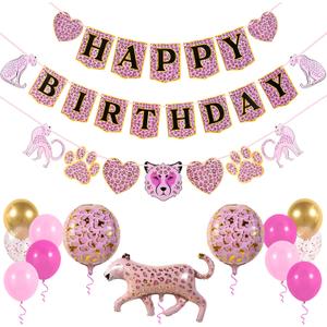 Pirese Pink Cheetah Happy Birthday Banner, Pink Cheetah Birthday Decorations, Leopard Party Decorations, Animal Birthday Party Decorations | Safari Party | Leopard Party Supplies | Animal Print